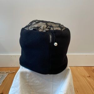 Heidi Hats classic pillbox black fleece hat with lace top.